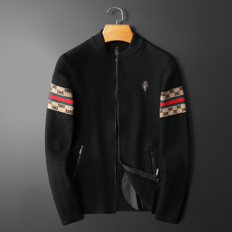 平铺 2021秋冬款男士夹克开衫高品质提花刺绣天鹅绒外套图片