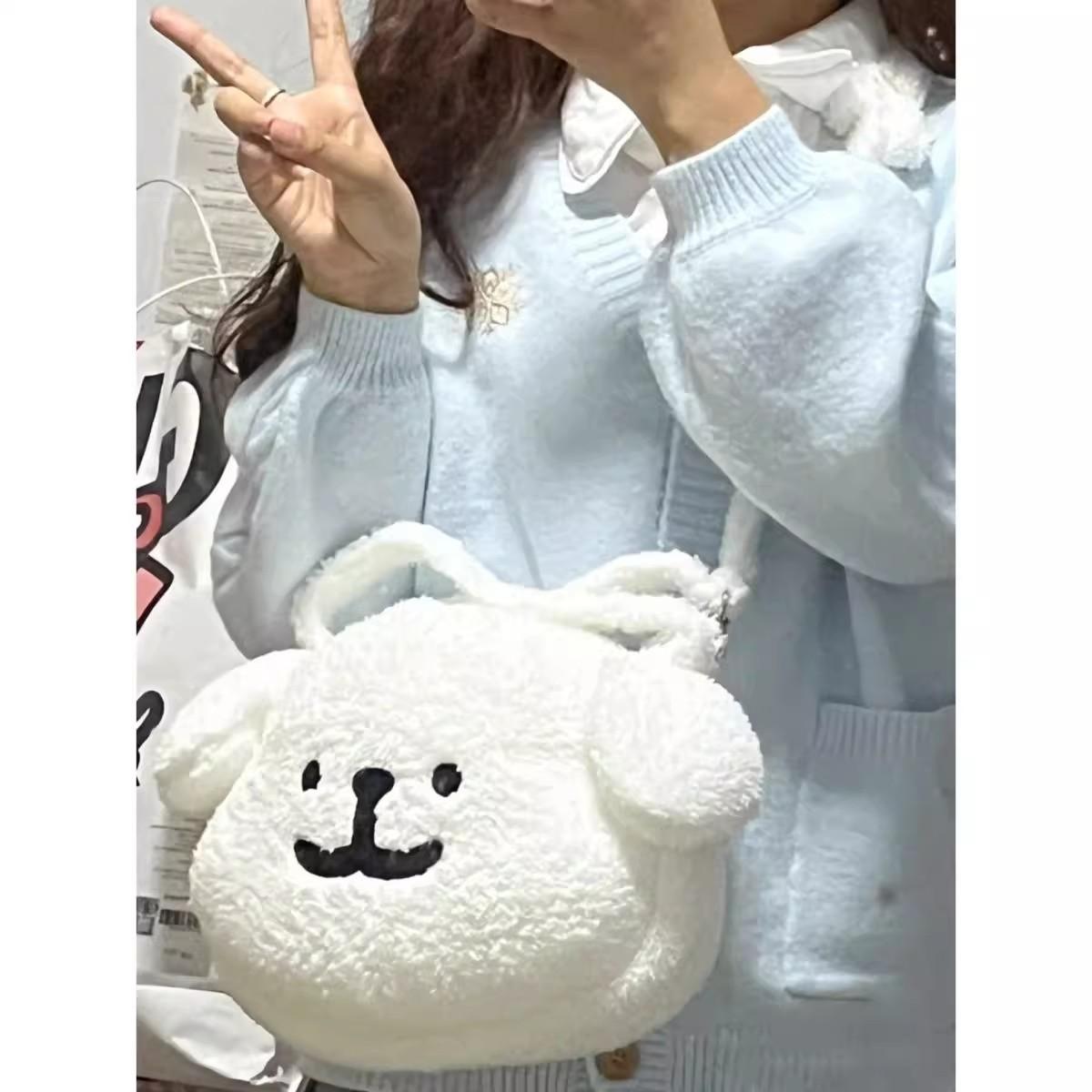 秋冬百搭毛绒包包手拎包线条小狗斜挎包可爱卡通小狗毛茸茸手提包