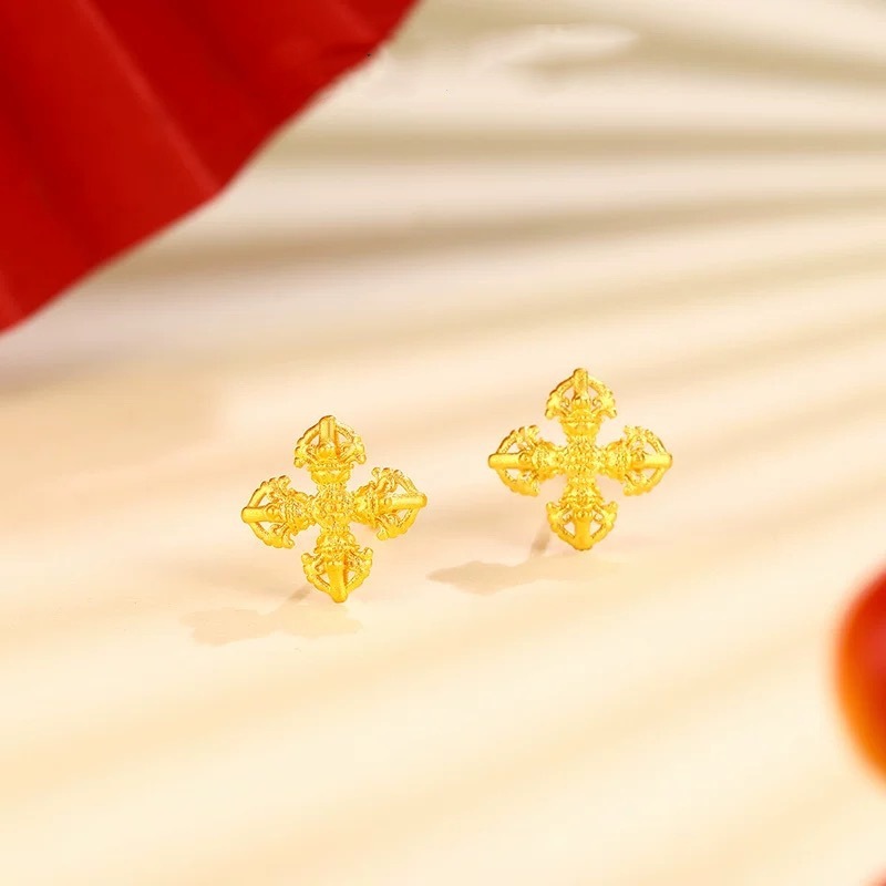 金店同款复古金刚杵耳钉女金色耳环精致百搭气质新中式耳饰高级