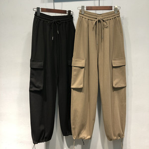 2023秋装新款纯色松紧腰宽松裤脚抽绳设计工装阔腿裤卫裤灯笼裤女