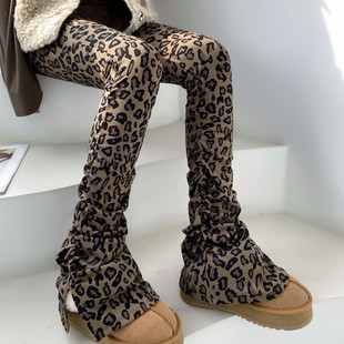 秋冬加绒微喇裤 女外穿2025新款 子 高街高腰褶皱薄绒豹纹堆堆裤 美式