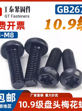 10.9级发黑色GB2672盘头内梅花螺丝钉防盗半圆头螺钉螺栓M3M4-M10