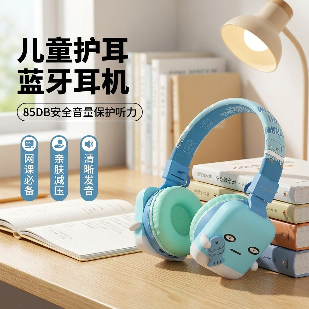 儿童蓝牙耳机降噪无线头戴式耳麦学生网课录音TF插卡幼儿园故事机