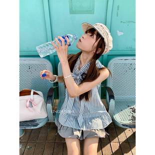 零度苏打 韩系无袖条纹立领衬衫2024夏季新款小清新蝴蝶结衬衣