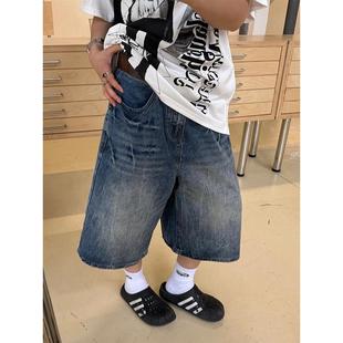 川川也美式复古水洗闪电纹宽松七分牛仔短裤男女街头直筒夏季裤子