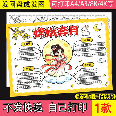 嫦娥奔月思维导图手抄报中国民间神话故事阅读小报读后感模板线稿