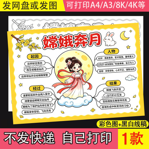 嫦娥奔月思维导图手抄报中国民间神话故事阅读小报读后感模板线稿