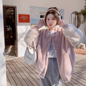 档口现货 2023冬 粉色兔毛外套棒球服 D721-P145-控228图片