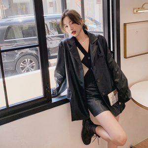 咖色复古PU皮西装外套2025新款女春美拉德复古酷飒高级感西服上衣图片