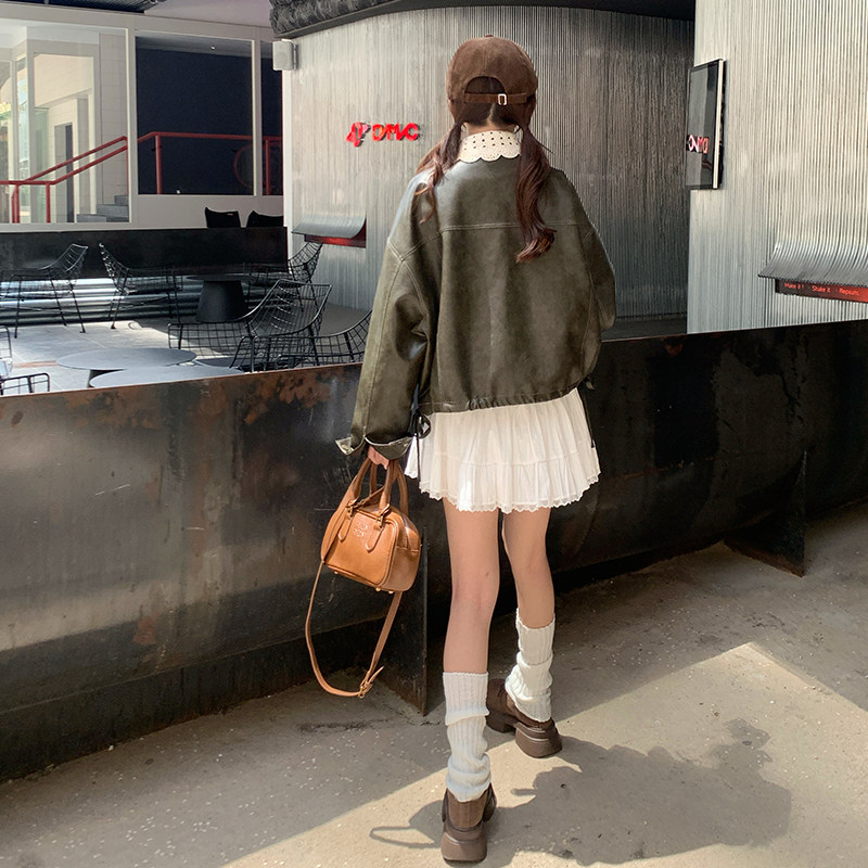钩花镂空可折卸翻领皮衣外套女秋2025新款时尚百搭氛围感休闲夹克,女装皮衣,浙宝256