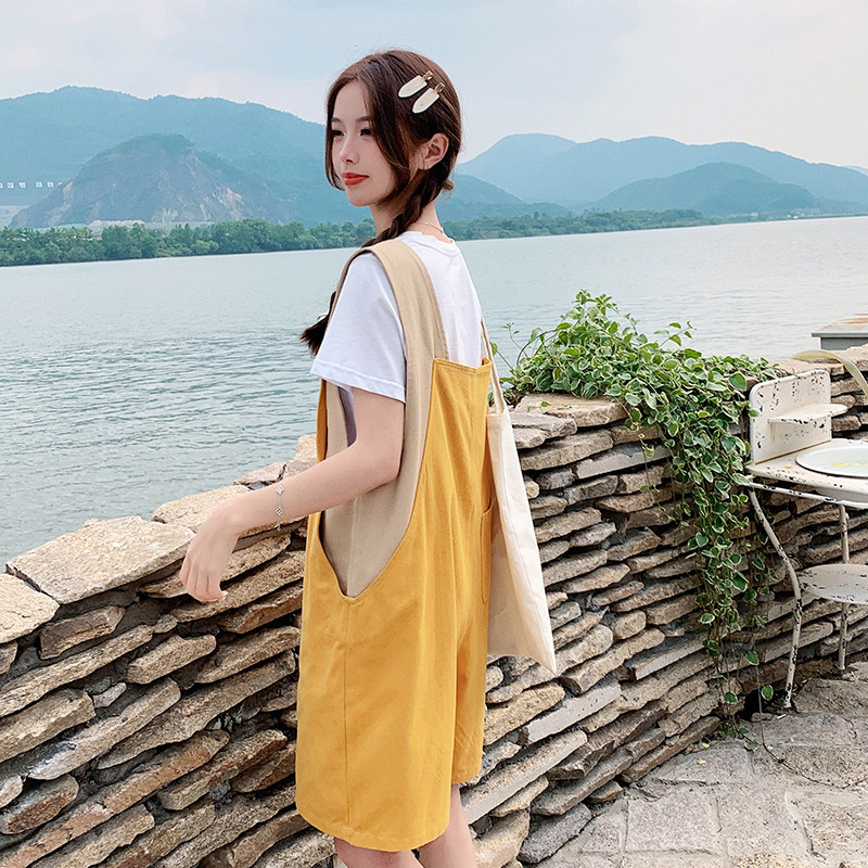 现货2023夏新款拼色背带裤棉短裤宽松X379-P105-控158,女装休闲裤,浙宝256