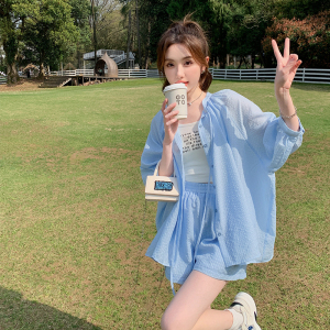 防晒服套装女2025年夏季新款简约纯色薄款宽松短裤防晒休闲两件套图片
