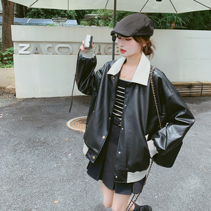 黑色炸街小个子皮衣外套女2025春新款韩版宽松时尚减龄棒球服夹克图片