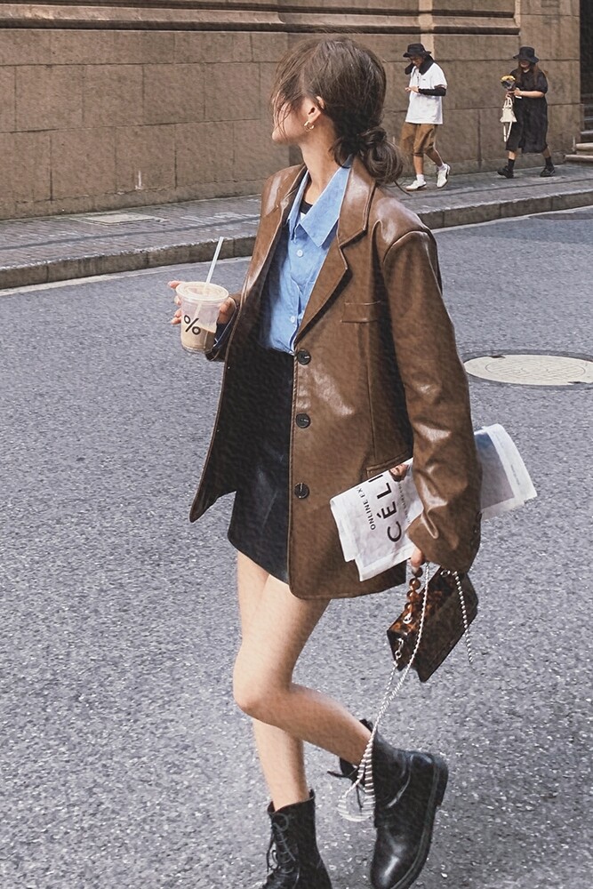 咖色复古PU皮西装外套2025新款女春美拉德复古酷飒高级感西服上衣,女装皮衣,浙宝256