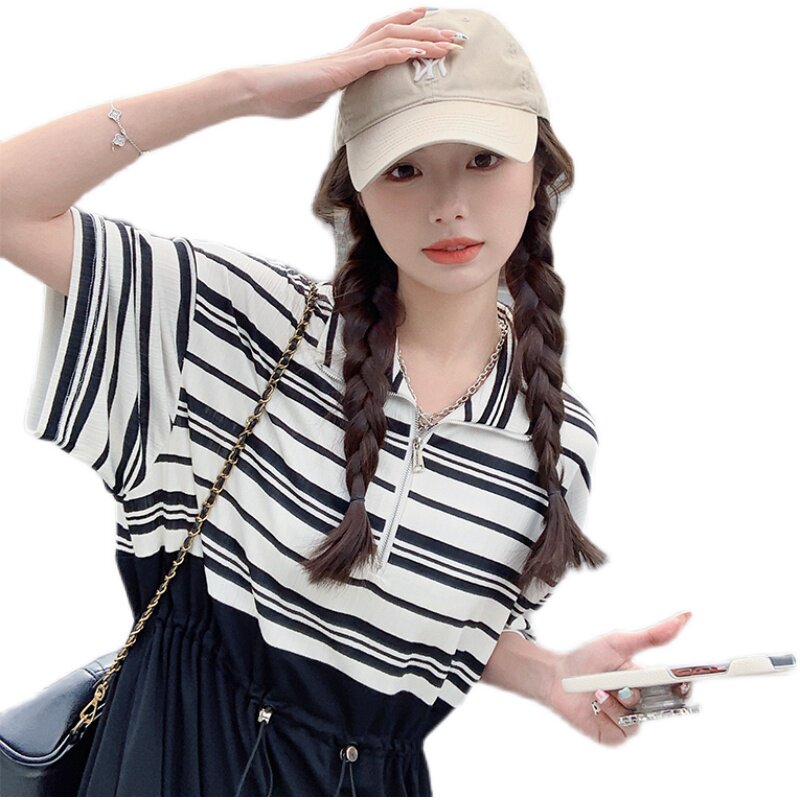 独特设计感假两件条纹拼接连衣裙女夏季2025新款慵懒风收腰T恤裙,女装连衣裙,浙宝256