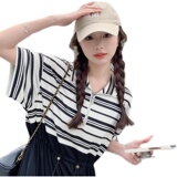 独特设计感假两件条纹拼接连衣裙女夏季2025新款慵懒风收腰T恤裙，女装连衣裙，浙宝256