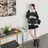 黑色炸街小个子皮衣外套女2025春新款韩版宽松时尚减龄棒球服夹克，女装皮衣，浙宝256