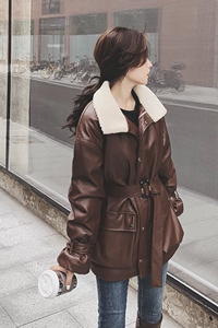 小个子羊羔毛机车pu皮衣派克服女2025年冬季新款加绒加厚外套图片