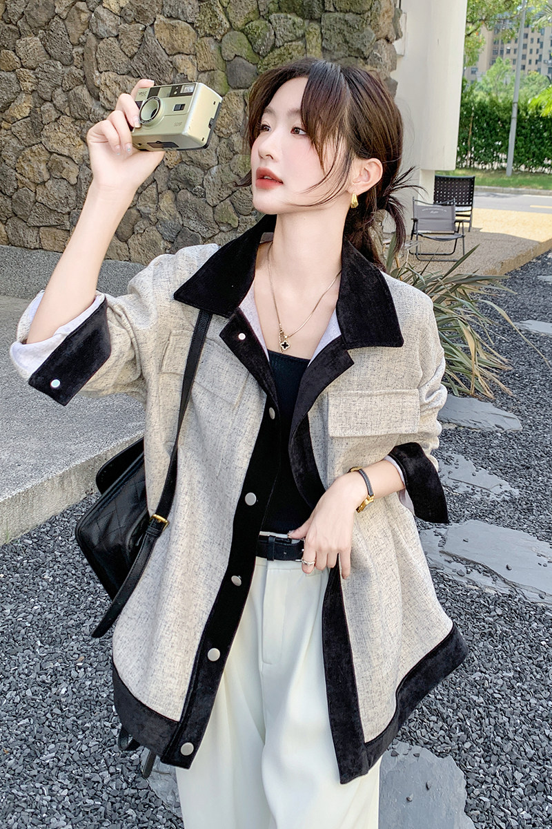 时尚名媛风翻领拼接米灰色短外套女春秋2025新款超好看慵懒风上衣,女装短外套,浙宝256