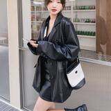 咖色复古PU皮西装外套2025新款女春美拉德复古酷飒高级感西服上衣，女装皮衣，浙宝256