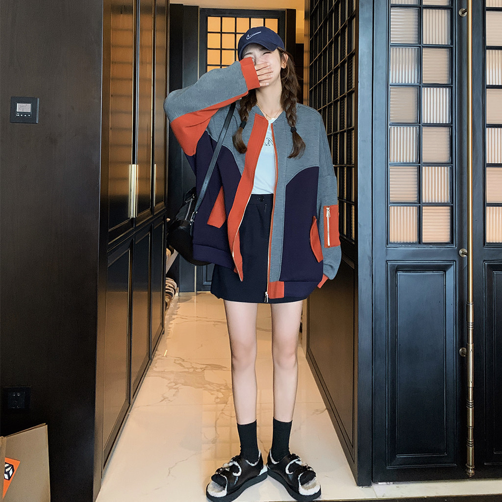 档口现货2023秋三色拼接棒球服短外套Q568-P140-控198空气层,女装短外套,浙宝256