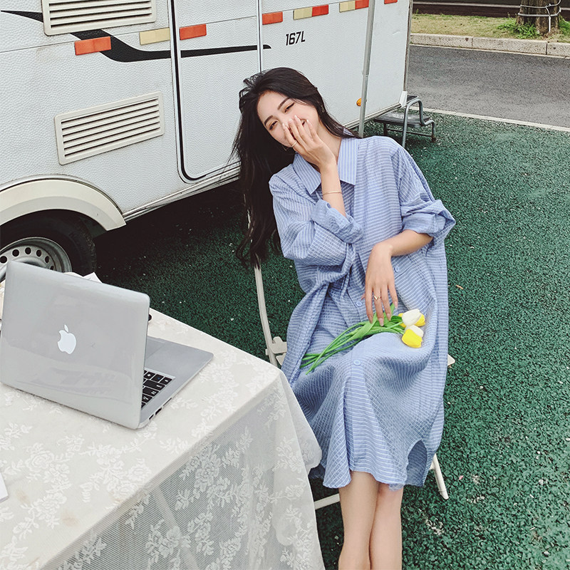 蓝色时尚衬衫防晒衣女外套女薄款中长款仙女森系超仙洋气防晒服,女装防晒衣,浙宝256