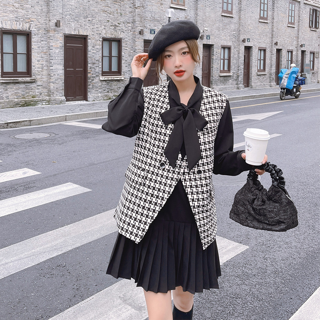高级感小香风格子马甲套装女2025春秋新款韩系百褶连衣裙两件套潮,女装连衣裙,浙宝256