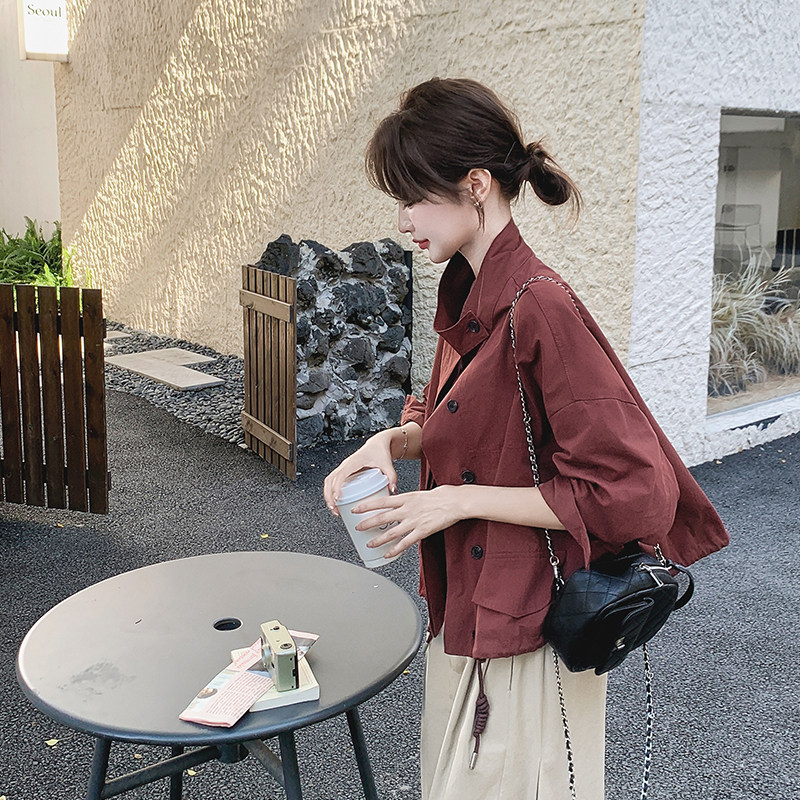 酒红色可盐可甜减龄立领夹克女秋2025新款小个子休闲显瘦风衣外套,女装短外套,浙宝256