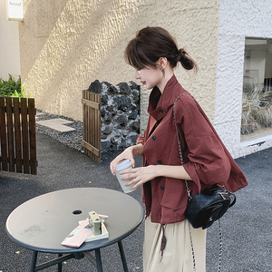 酒红色可盐可甜减龄立领夹克女秋2025新款小个子休闲显瘦风衣外套图片