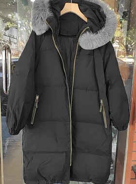 黑色过过膝羽绒服女东大门大毛领冬中长款加厚外套高端90白鸭绒潮