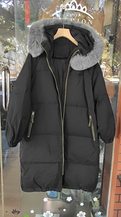 黑色过过膝羽绒服女东大门大毛领冬中长款加厚外套高端90白鸭绒潮