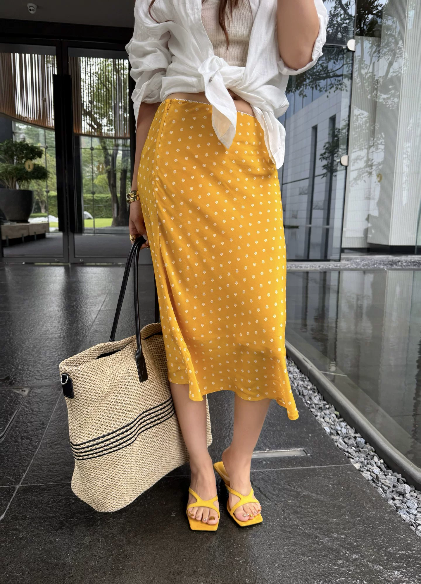 潮流百搭夏季红色女100%真丝斜裁印花高腰包臀鱼尾波点显瘦半身裙