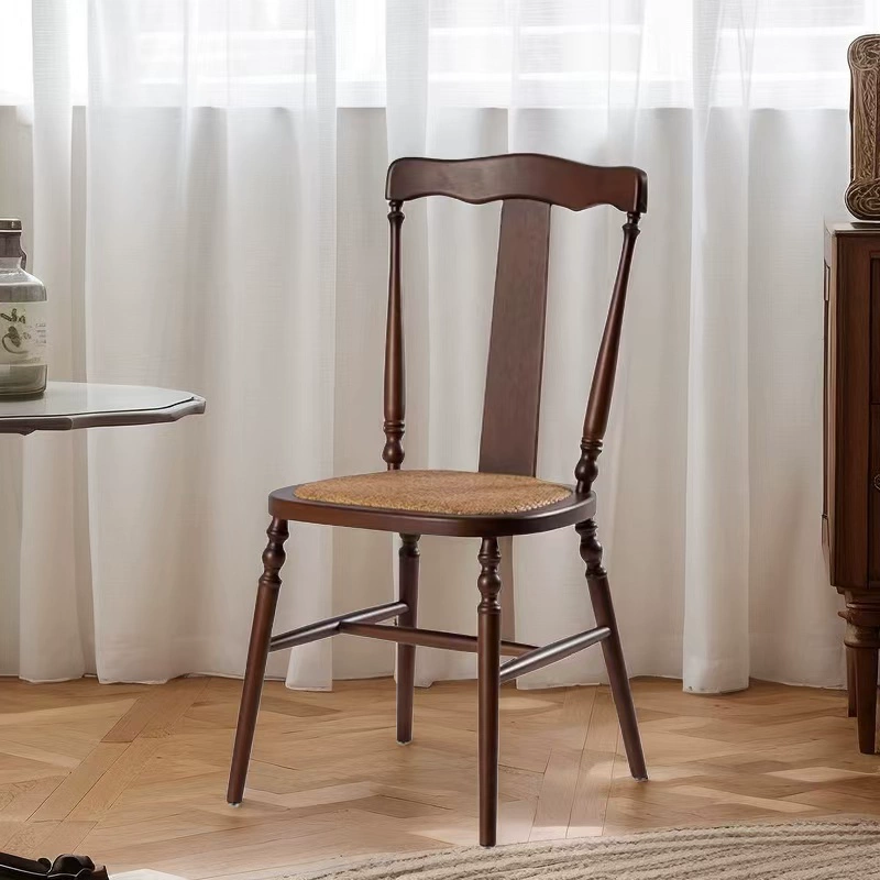藤编中古实木法式复古餐椅