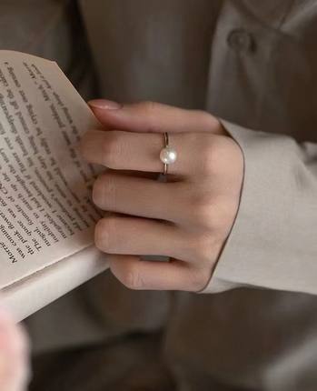 浙江诸暨通体s925纯银素圈戒指6-7MM天然淡水真珍珠开口可调节