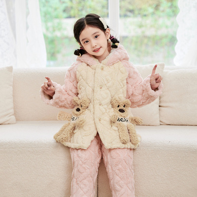 儿童中长款睡衣加厚中大童宝宝冬睡衣三层夹棉男童女童家居服套装