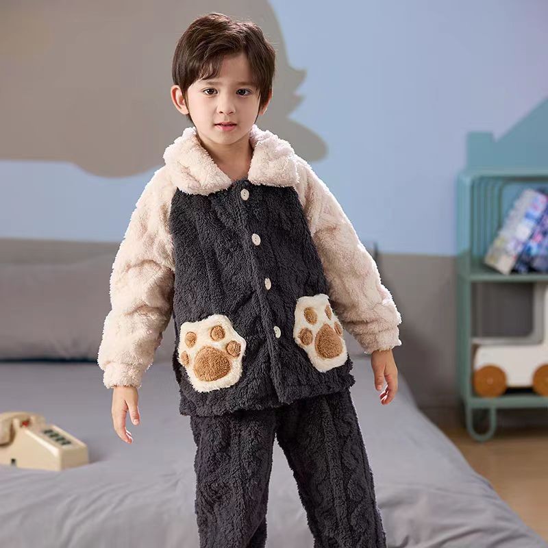 男童加厚珊瑚绒睡衣套装2025秋冬新款中小童卡通可爱家居服两件套