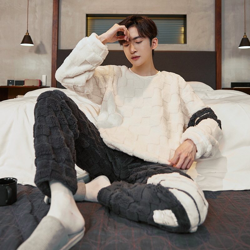 法兰绒睡衣男冬季加厚加绒珊瑚绒长袖男士青少年感家居服套装