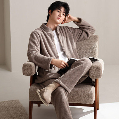 2025年新款法兰绒男士睡衣秋冬季加绒加厚保暖男款家居服套装