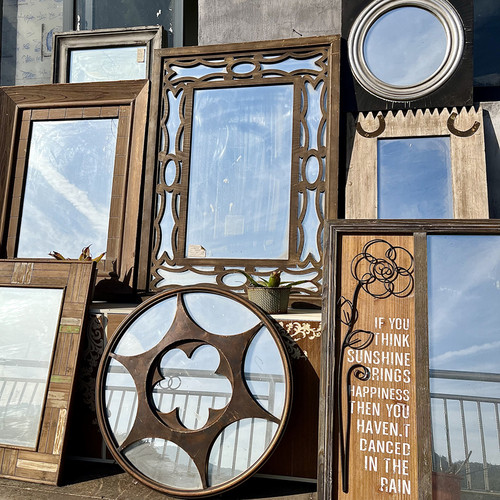 绝美设计孤品独特造型仿铜铁艺全身穿衣镜仿古浴室镜圆形镜梳妆镜