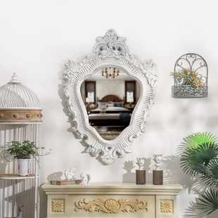 法式乡村风民宿工作室装饰挂镜卫生间雕花浴室镜木质做旧化妆镜子