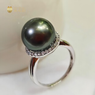 进口大溪地黑珍珠戒指天然海水珍珠18k白金钻石正圆强光孔雀绿