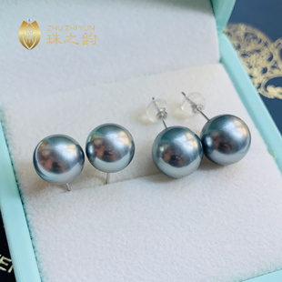 高级奶奶灰大溪地天然海水珍珠耳钉耳饰18k金正圆无瑕强光气质款