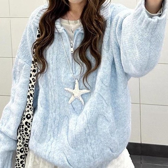 蓝色麻花翻领毛衣女2025新款奶fufu慵懒风韩系秋冬季穿搭针织上衣