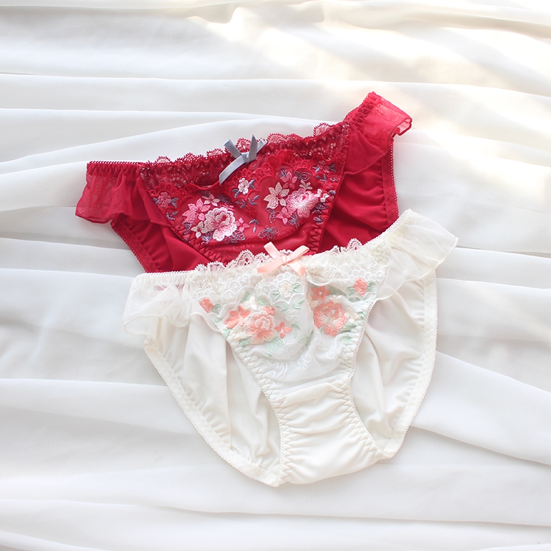 甜美刺绣荷叶飞边日式内裤