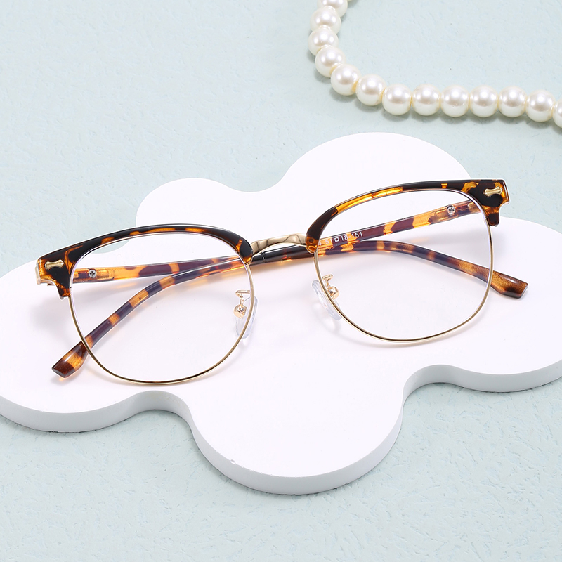 复古框树脂片半框眉毛老花镜男防蓝光老人豆花色高清老花镜豹纹框