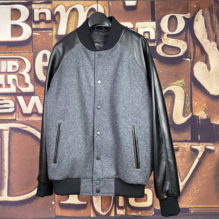 高级皮衣秋冬新款 男女 棒球服宽松真皮夹克休闲外套毛呢拼接羊皮袖