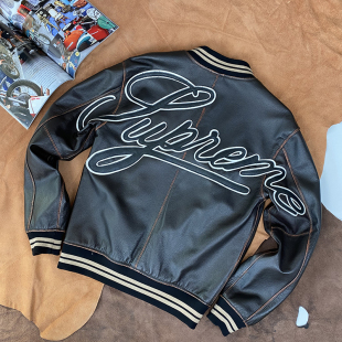 茶芯头层牛皮棒球服男棕色做旧复古真皮皮衣刺绣皮夹克休闲短外套