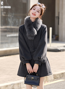 羽绒服女2025冬季系带收腰狐狸毛围脖灯笼袖毛呢外套大衣 MU8226