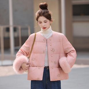 真狐狸毛白鸭绒外套ah8131 新款 新中式 国风羽绒服女2025冬季