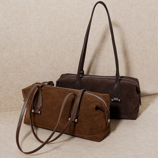 通勤磨砂牛皮托特包女士手提包波斯顿复古感法棍包单肩腋下包